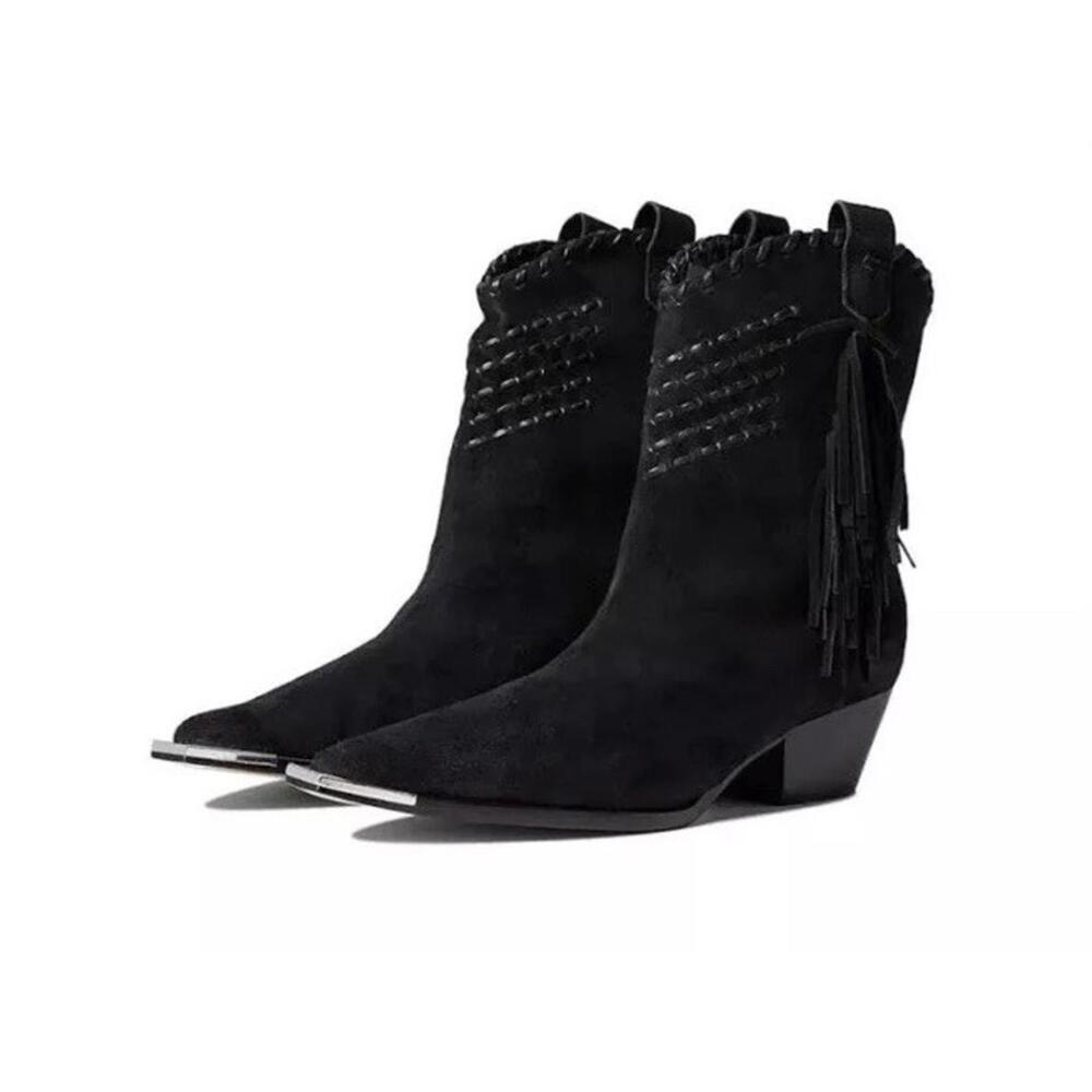 Schutz Alexxa Black Suede Western Bootie w/ Fringe, Leather & Metal  - 8.5B